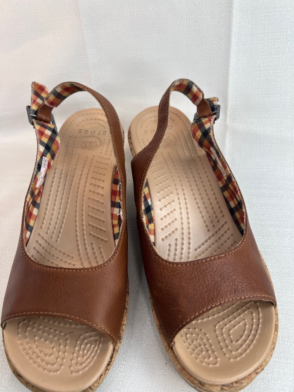 CROCS Brown Wedge Sandals 8,with Plaid Trim inside. Cork wedge